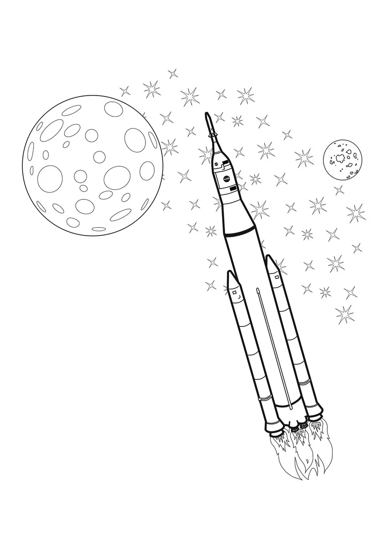 Раскраска «Система космических запусков SLS» — чёрно-белый контурный рисунок для печати