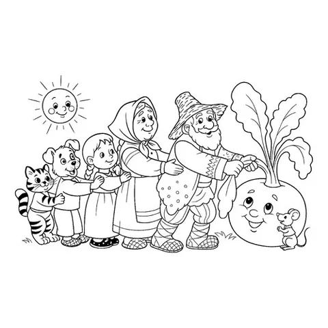 Раскраска «Дедка, бабка, внучка, жучка и кошка тянут репку»
