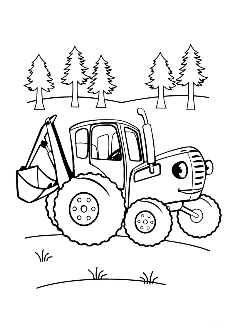 Раскраска «Синий Трактор и ёлки» — чёрно-белый контурный рисунок для печати