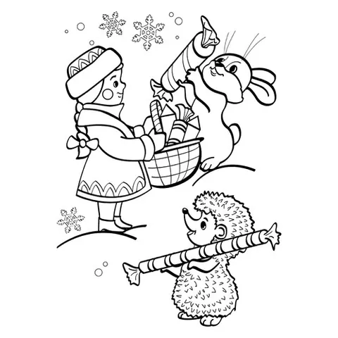 Раскраска «Снегурка, зайчик и ёжик»