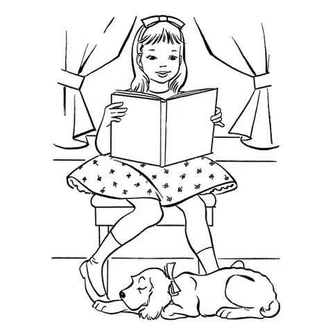 Раскраска «Собака спит, пока девочка читает книгу»