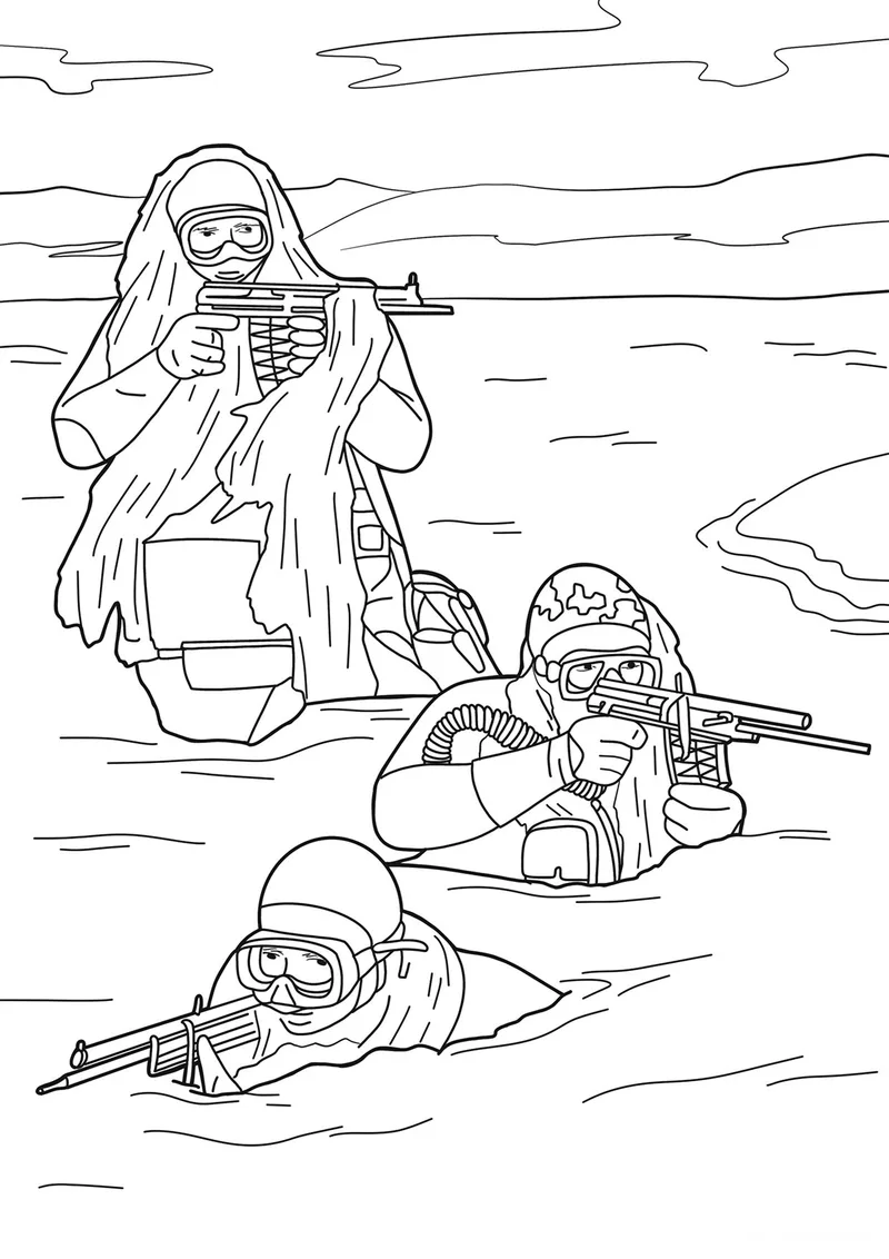 Раскраска «Отряд морской пехоты» — чёрно-белый контурный рисунок для печати