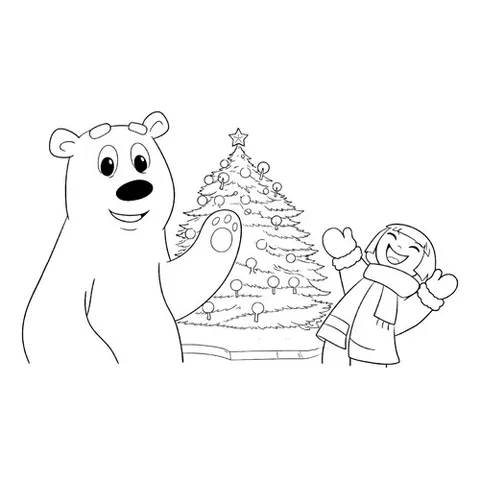 Раскраска «Умка, Тайкэ и новогодняя ёлка»