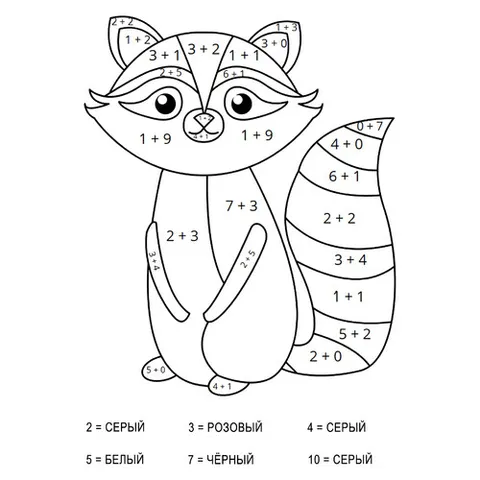 Раскраска «Енот (сложение до 10)»