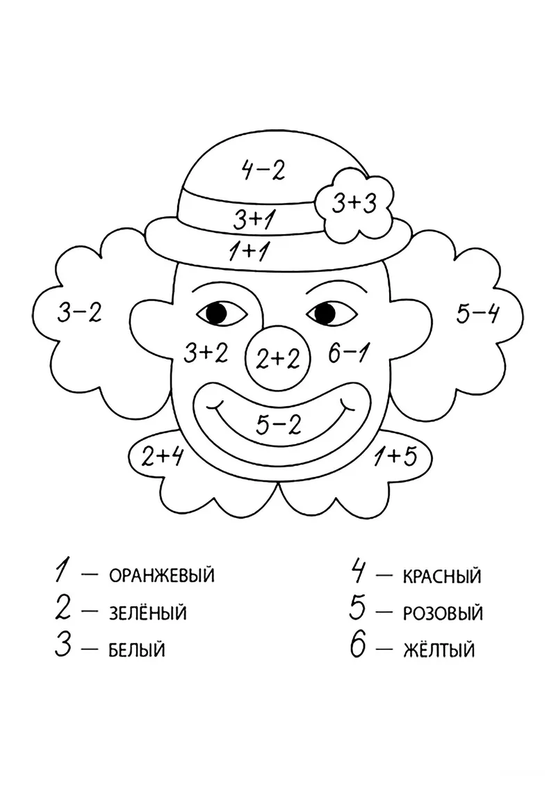 Раскраска «Клоун (сложение и вычитание до 10)» — чёрно-белый контурный рисунок для печати