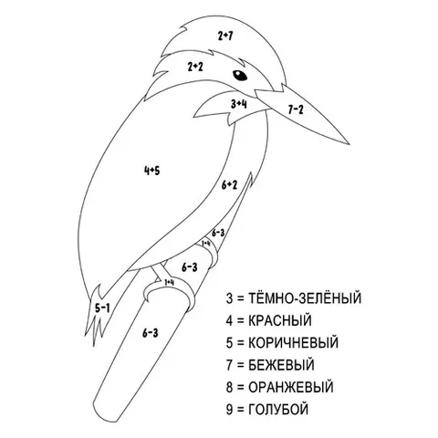 Раскраска «Птица на ветке (сложение и вычитание до 10)»