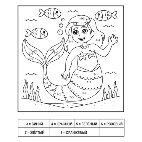 Раскраска «Русалка и рыбки (сложение до 10)»
