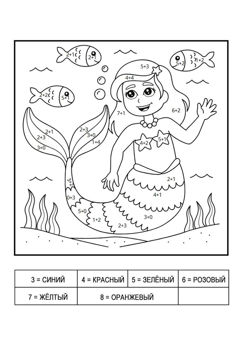 Раскраска «Русалка и рыбки (сложение до 10)» — чёрно-белый контурный рисунок для печати